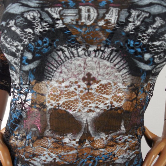 HARLEY DAVIDSON Top M Long Black Lace Tunic Shirt Skull Logo Sheer 3/4 Sleeves - Picture 5 of 14